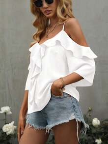 Blusa de volantes con hombros descubiertos de unicolor, estilo de vacaciones de playa para mujer - Blanco - Ver 4