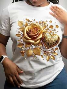 Women's T-Shirt 100% Cotton Retro Bright Yellow With Gold And Pink Heart Print, Short Sleeve, Round Neck, Gold Leaf Design, Machine Washable, For Valentine's Day, Spring And Summer. - White - View 12