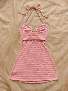 Vestido mini con textura, escote en V, decoración de estrella de mar metálica, cuello con lazo, espalda descubierta, ideal para vacaciones, citas, té de la tarde, días festivos, festivales de música, estilo bohemio - Rosa - Ver 2