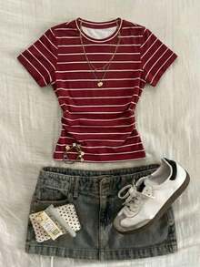 Camiseta de rayas que afina la cintura para mujer, de estilo casual y versátil para el día a día y la moda, para el verano - Multicolor 3 - Ver 5