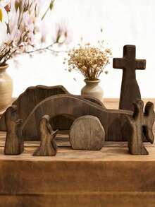 4/7pcs Wooden Easter Resurrection Scene & Cross Decor Set, Jesus Tomb Tray, Stable Scene Decoration, Suitable For Religious Places, Home Office Desk, Christian Gift, Home Figurine Decor, Easter Cemetery & Dining Table Decoration, Mother's Day Gift - A - View 7