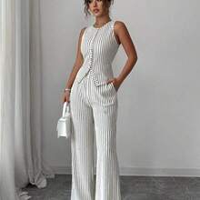 Women's Fashionable Solid Color Textured 2-Piece Set, Including Sleeveless Crew Neck Button Fitted Tank Top And High Waist Loose Straight Leg Pants, Elegant Commuter Style - Albaricoque - Ver 7
