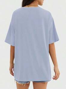 Camiseta holgada para mujer de manga corta y cuello redondo, camisa casual estilo Y2K, básica para deportes de verano - Niebla azul - Ver 4