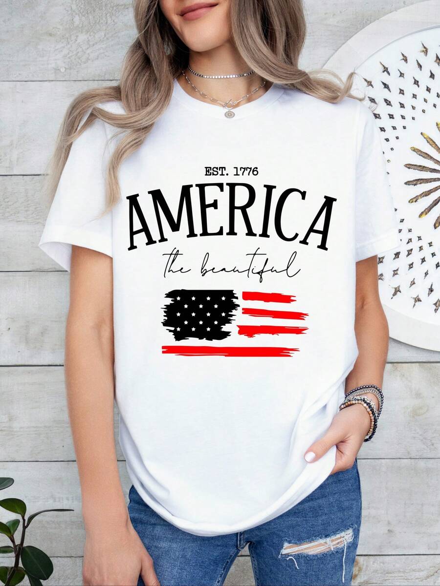 Adult Women's Short-Sleeved T-Shirt, American Style, With Letter Print, Round Neck, Unisex, Suitable For Casual Daily Outings, Short-Sleeved Summer T-Shirt, Retro T-Shirt With Y2K Print. - 白色 - 查看 1