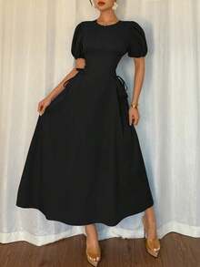 Vestido elegante y romántico para vacaciones de boda de verano 2025 en azul francés regular, con hombros sueltos, mangas abullonadas, cintura drapeada y lazo lateral ajustado - Negro - Ver 4