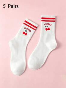 1/3/5 Pairs 3D Printed Cherry Pattern Mid-Calf Socks, Colorful Red Striped Ribbed Splicing Details, Soft And Skin-Friendly - Red - View 9