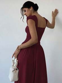 Vestido largo elegante con cuello cuadrado, mangas de campana y lazo en la cintura, con pliegues.Adecuado para citas, primavera/verano, vestidos de verano para mujeres - Burdeos - Ver 2