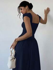 Vestido largo elegante con cuello cuadrado, mangas de campana y lazo en la cintura, con pliegues.Adecuado para citas, primavera/verano, vestidos de verano para mujeres - Azul marino - Ver 2