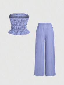 Conjunto de 2 piezas para mujer con top sin tirantes a rayas y pantalón de pierna ancha, con sensación relajada, ajuste elegante, para primavera - Azul - Ver 2