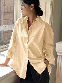 Camisa holgada de mujer de unicolor, de manga larga y de abotonadura sencilla - Amarillo - Ver 6