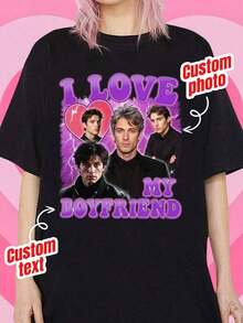 Camiseta personalizada con foto de rostro, Camiseta personalizada con nombre e imagen, Regalo personalizado, Camiseta de regalo del Día de San Valentín "Amo a mi novio" personalizada con foto, "Amo a mi novio" personalizada con corazón, negra de verano - Negro - Ver 2