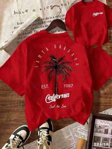 Coconut Tree Women's Casual Short Sleeve Crew Neck T-Shirt "California Summer Beach Vacation", New Stylish 100% Cotton T-Shirt - 紅色 - 查看 2