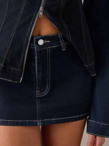 Minifalda de mezclilla ajustada de unicolor de moda de verano para mujer - Azul lavado medio - Ver 3