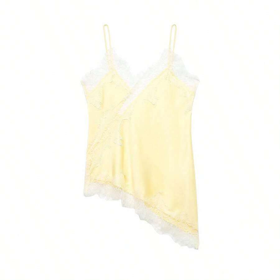 Seelio Nuevo Top de estilo lencería sexy con decoración de encaje, estilo europeo y americano, para mujer, color negro, para verano - Amarillo - Ver 1