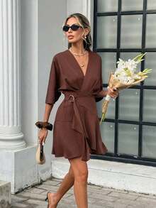 Vestido corto casual y de viaje con cuello en V y estampado de cuadros para mujer - Marrón 2 - Ver 4
