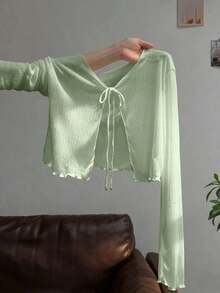 Vestido camisero con adorno de encaje, chaqueta de punto de manga larga para mujer, protección solar de verano - verde menta - Ver 8