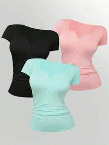 3 piezas Camisetas de manga corta casuales y versátiles de unicolor con pliegues para mujer - Multicolor 6 - Ver 8