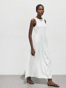 Vestido casual de vacaciones con diseño de volantes escalonados en verde jade, vestido cómodo con cuello redondo, división horizontal, parches y fruncidos, atuendo bohemio de playa, elegante vestido de estilo occidental para vacaciones de muje - Blanco - Ver 4