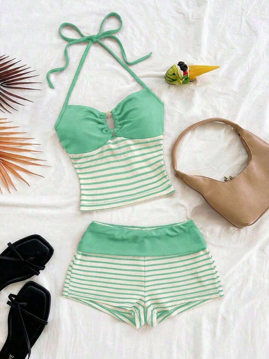 2 piezas Conjunto de camiseta de tirantes y pantalones cortos de punto a rayas con hebilla de metal, estilo casual de vacaciones, adecuado para fiesta, San Valentín, cita, discoteca, bohemio, vacaciones, otoño, ropa de mujer, vintage, días fest - Multicolor 7 - Ver 1