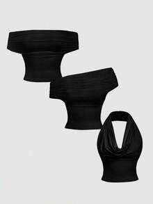 Set de 3 blusas de mujer de unicolor con pliegues, versátiles y de moda, para otoño/invierno, Navidad, Año Nuevo, hombros descubiertos, estética, festivales, campo, vacaciones en la playa, té, modestas, baile de graduación, lindas - Multicolor 5 - Ver 5