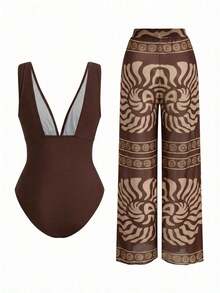 Swim Oasis Conjunto elegante de retro con estampado en espiral de un solo pieza de traje de baño coordinado con pantalón de pierna ancha, conjunto de vacaciones elegante para mujeres - Marrón Chocolate - Ver 2