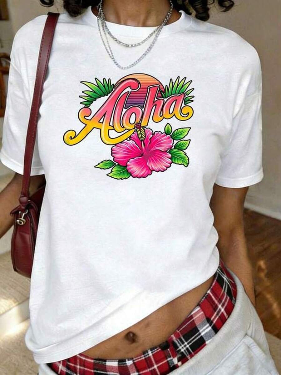 Camiseta con estampado de flor de hibisco Aloha, camiseta de manga corta de cuello redondo casual para verano y primavera, ropa de mujer talla grande