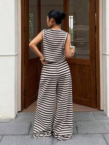 Set de 2 piezas de top de tirantes casual de cuello redondo a rayas y pantalones para mujer - Multicolor 2 - Ver 2