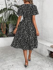 Vestido largo de mujer con estampado de dálmata, drapeado frontal y volante en el bajo - Negro - Ver 2