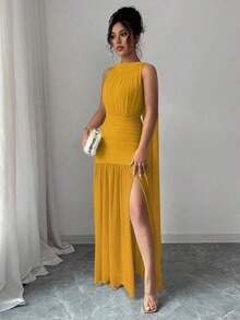 Vestido plisado con abertura y espalda descubierta de unicolor elegante para mujer, de verano - Amarillo - Ver 4