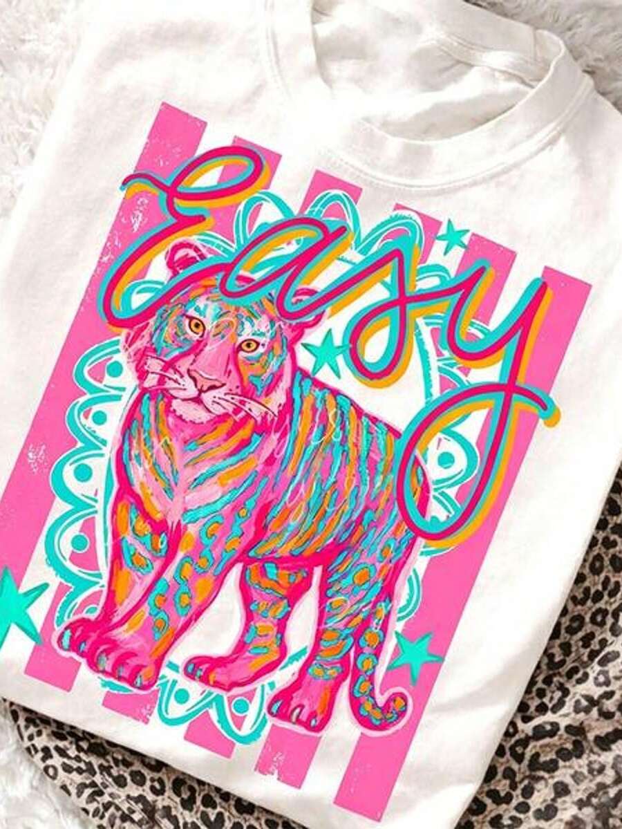 Prepptyle Tiger Print T-Shirt, Casual Crew Neck T-Shirt Ropa De Verano Mujer Y2k Clothes Streetwear