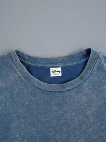 Disney 女款 T-shirt，復古米奇與好友肖像印花，復古雪花水洗短袖 T-shirt，戶外穿著，女款夏季上衣 - 藍色 - 查看 3