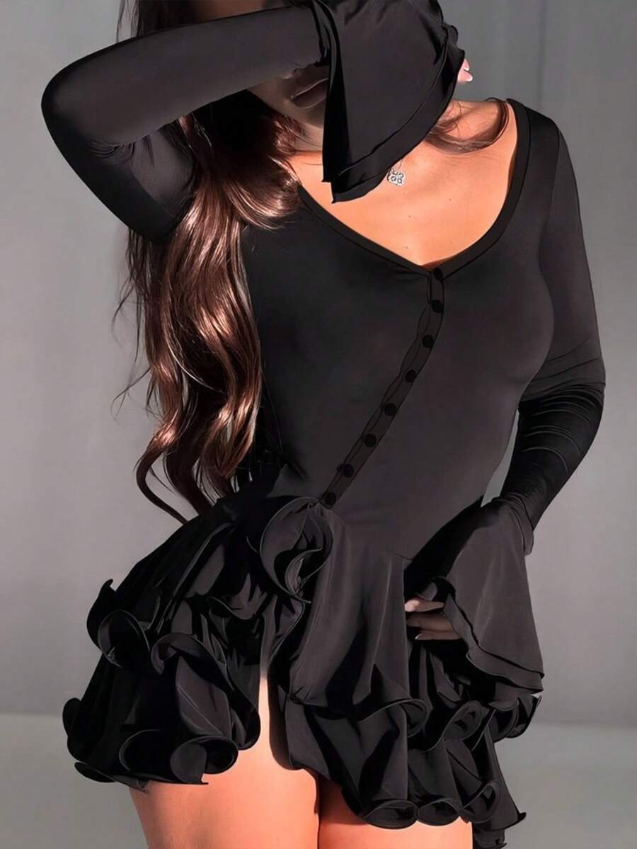 Women's International Autumn Long Sleeve Bell Sleeve Dress With Simple Buttons, Fitted With Ruffles, Elegant - 黑色 - 查看 1