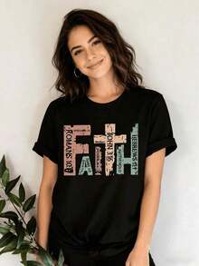 TrendySummer Casual Crew Neck T-Shirt, Christian T-Shirt, Bible Verse T-Shirt, Christian Religious T-Shirt, Retro Faith T-Shirt, Christian Cross Pattern T-Shirt, Slim Fit Short Sleeve T-Shirt For Everyday Wear - 黑色 - 查看 6