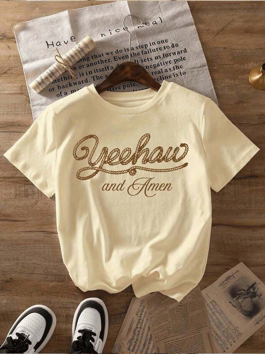 Short-Sleeved T-Shirt With Round Neck And "Yeehaw And Amen" Graphic Print, Women's Summer Top, Casual Cotton T-Shirt For Summer Vacation. - 杏色 - 查看 1