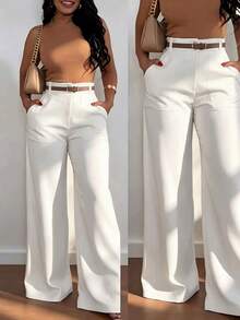 Pantalones casuales de pierna recta y cintura alta de moda para mujer, color blanco, para primavera - Blanco - Ver 1