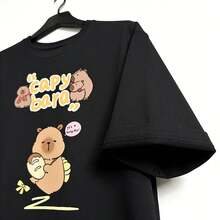 Tops para mujer de algodón de manga corta con estampado de capibara blanca para mujer, para uso diario informal, con cuello redondo y corte regular. - Negro - Ver 4