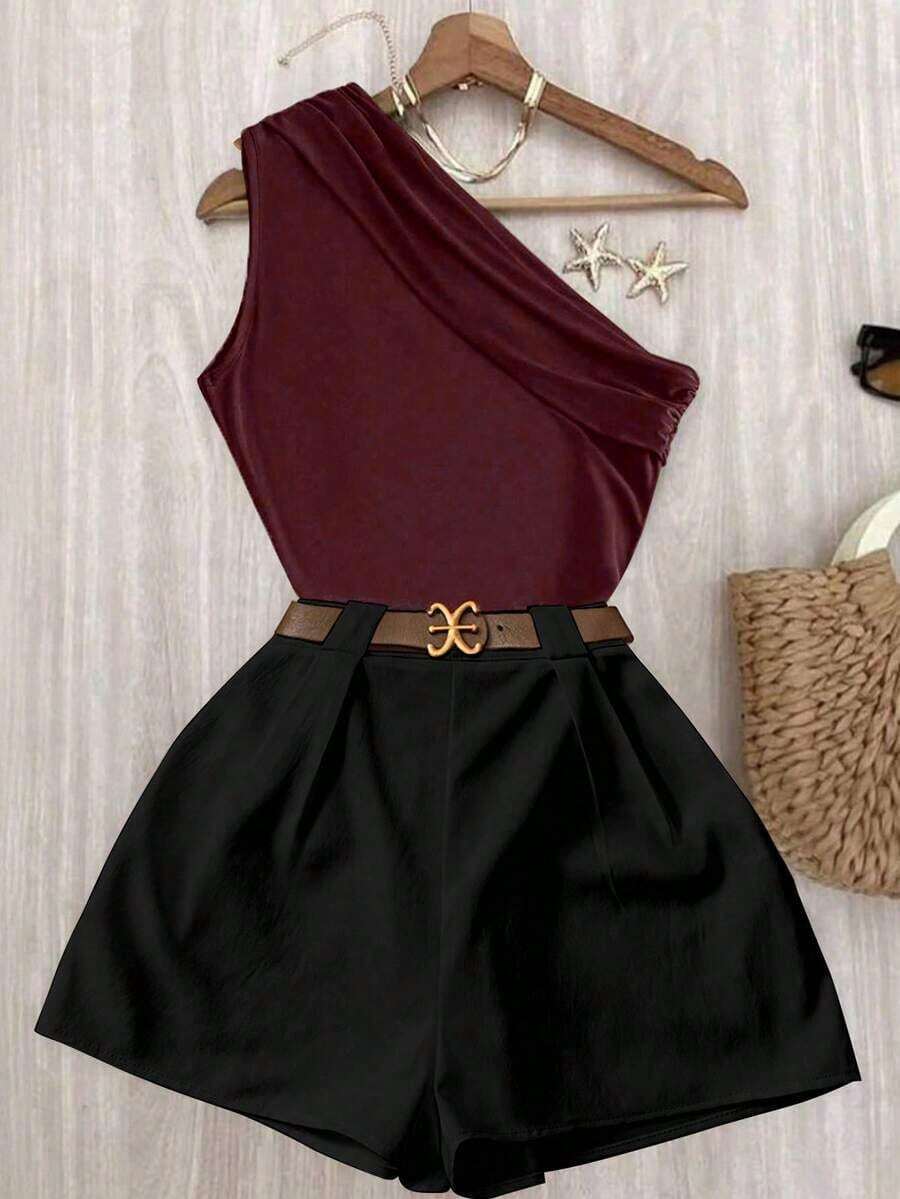 Conjunto de top plisado de hombro de color marrón sólido y elástico para uso casual y pantalones blancos de cintura elástica - Burdeos - Ver 1