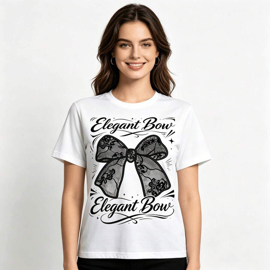 Tops para mujer de Mujer Suave y Elástica con un Lindo Gráfico de Lazo, Cómoda, de Manga Corta y Cuello Redondo - Blanco - Ver 1