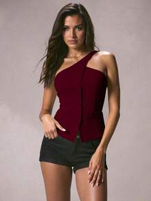 Blazer informal sin mangas de color albaricoque para mujer, conjunto de verano versátil - Rojo - Ver 8
