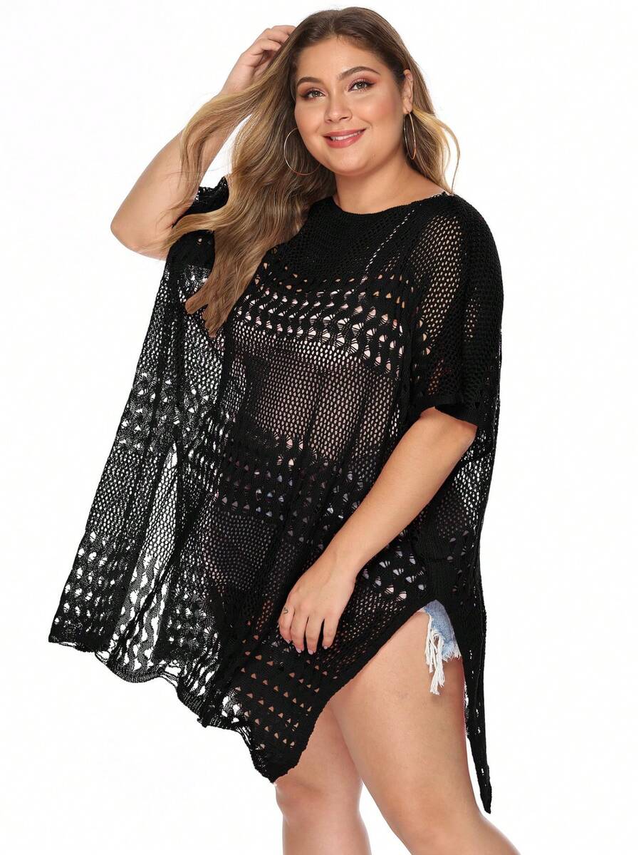 Vestido Playa Tejido Talla Grande para Mujer, Holgado con Costados Abiertos, Colores Varios, Estilo Casual para - Negro - Ver 1