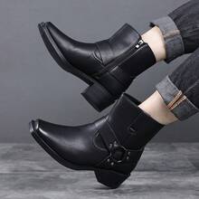 Men's Western Faux Leather Ankle Boots, Square Toe Metal Studded Harness Booties With Side Zipper Block Heel, Non-Slip Comfort Casual Cowboy Footwear - màu đen - Xem 8