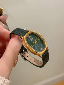 1pc Retro Style Adjustable Strap Quartz Women's Watch Elliptical With Roman Numeral Scale For Compact And Perfect For Daily - Green - View 9