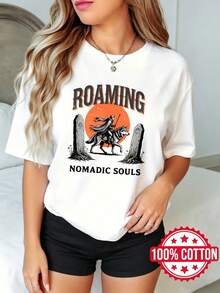 Camiseta de manga corta con cuello redondo y estampado para dama, verano casual Almas Nóms Errantes Lobo Atardecer S-3XL 100% aodón material - Blanco - Ver 2