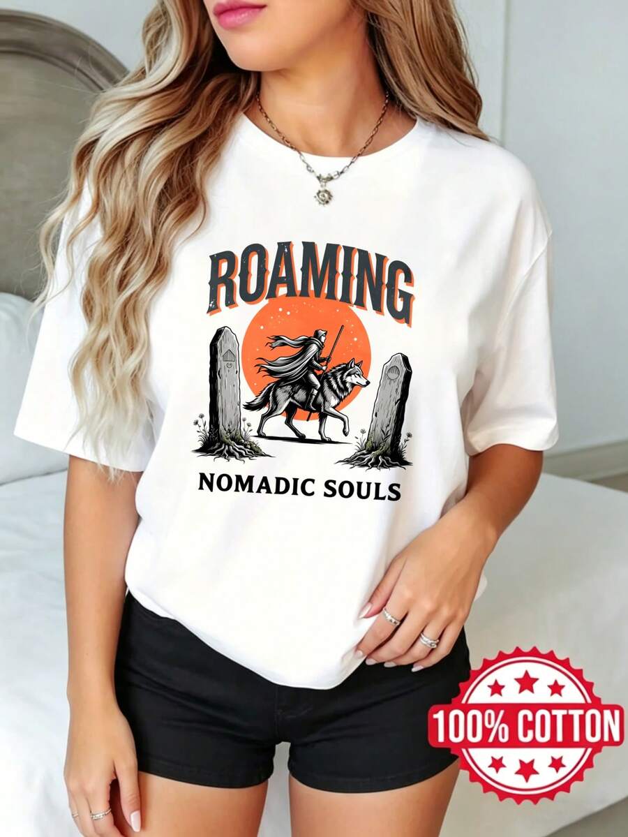 Camiseta de manga corta con cuello redondo y estampado para dama, verano casual Almas Nóms Errantes Lobo Atardecer S-3XL 100% aodón material