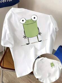 Camiseta de manga corta con estampado de ranas en la parte delantera y trasera, estampado de moda de ranas de dibujos animados - camiseta de mujer con estampado de moda para primavera/verano, artículo de moda - Tela ligera y suave. - Blanco - Ver 1
