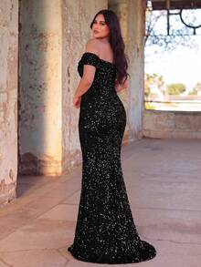 Faeriesty Đầm dạ hội cỡ lớn dành cho nữ, kiểu dáng thanh lịch, hở vai, đính sequin lấp lánh, thiết kế đuôi cá, xẻ cao - Đầm dạ hội lộng lẫy, phù hợp cho các sự kiện thảm đỏ, đám cưới sang trọng, tiệc tùng quyến rũ và các dịp trang trọng, trang phục nghỉ hè, tiệc mùa xuân. - màu đen - Xem 3