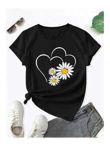 Basic T-Shirt With Daisy And Heart Print, Loose And Comfortable - Back - View 5