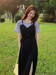 Women's Midi And Maxi Dress. New Summer Dress Style Two-Piece Faux Dress With Straps And Slit, Fitted At The Waist, Slimming, A Must-Have For The Goddess, Stylish And Age-Reducing,  Ins - 黑色 - 查看 4