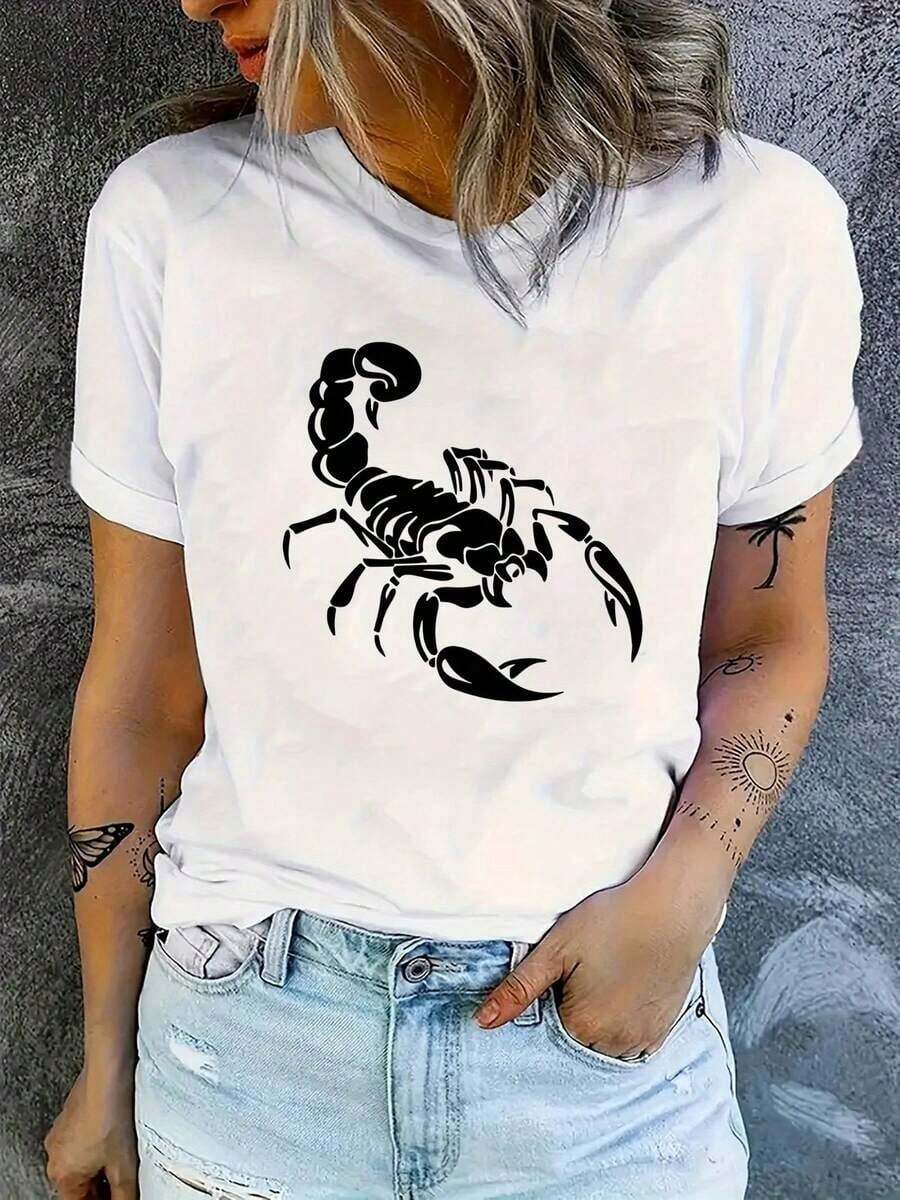 Women's Casual Sports T-Shirt, Round Neck, Short Sleeve, Cartoon Scorpion Print, Comfortable Summer Vacation Top - Unisex Vintage Style Loose Fit Cotton T-Shirt - 白色 - 查看 1