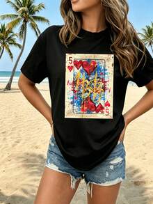 Camiseta de Mujer 2026, Nueva de Verano, Cuello Redondo, con Estampado Estilo Carta de Póker, Diseño de Corazón Rojo y Texto Dorado, Seda de Leche Doble Cepillada, Cómoda y Transpirable, Versátil para Uso Diario, Viajes al Trabajo, Casual, Efecto Adelgazante, Top Multicolor. - Negro - Ver 6